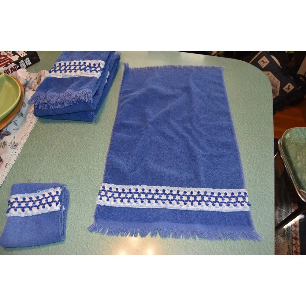 Vintage Cannon Blue Bath Towel Set Cotton Terry Fringe Geometric Trim 60s 70s